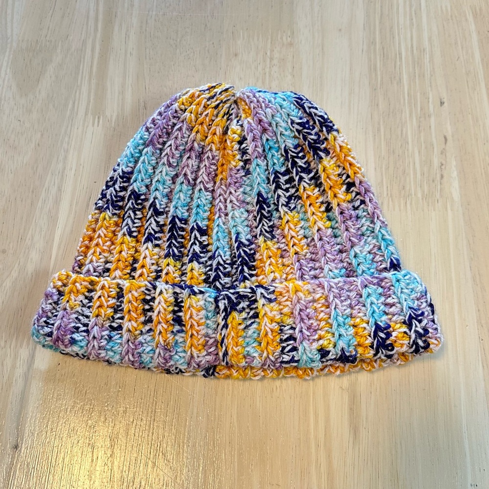 New Handmade Crochet Beanie Fold over Hat Winter Orange Purple Blue Speckled - Picture 3 of 9